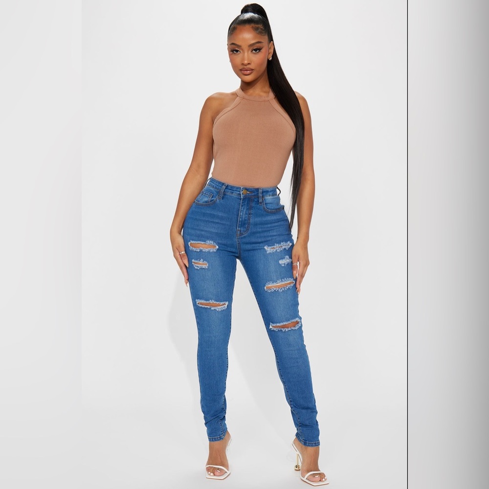 Layla Distressed High Rise Stretch Jeans (Medium Wash Blue Denim)
